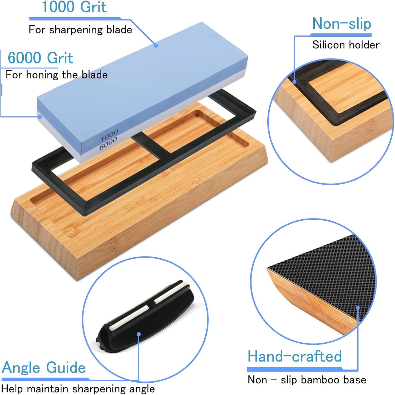 Whetstone Knife Sharpening Stone Kit - Double Sided Whetstone Knife Sharpener 1000/6000 Grit, Professional Honing