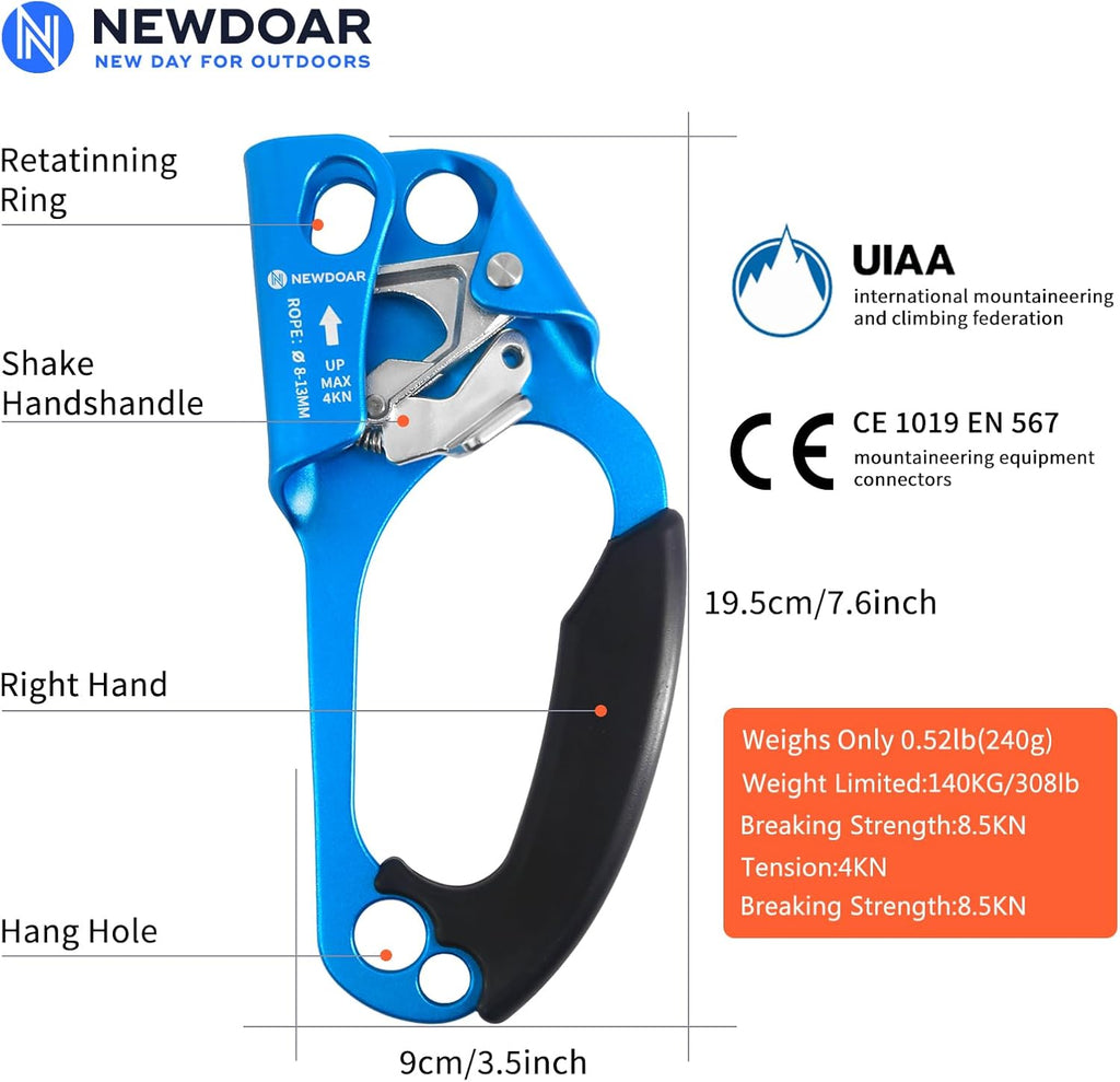 UIAA & CE Certified Hand Ascender Rock Climbing Tree Arborist Rappelling Gear Equipment Rope Clamp for 8~13MM Rope