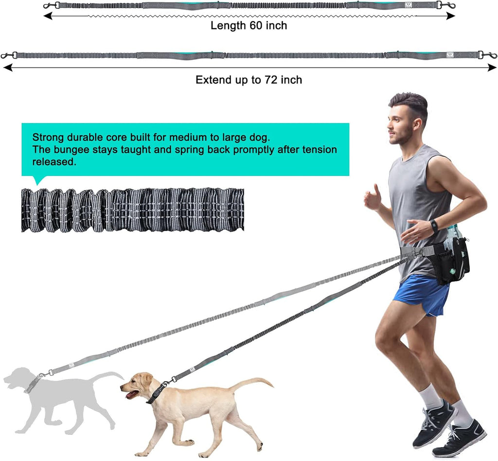 Retractable Hands Free Dog Leash with Dual Bungees for 2 Dogs, Adjustable Waist Belt Fanny Pack, Reflective Stitching