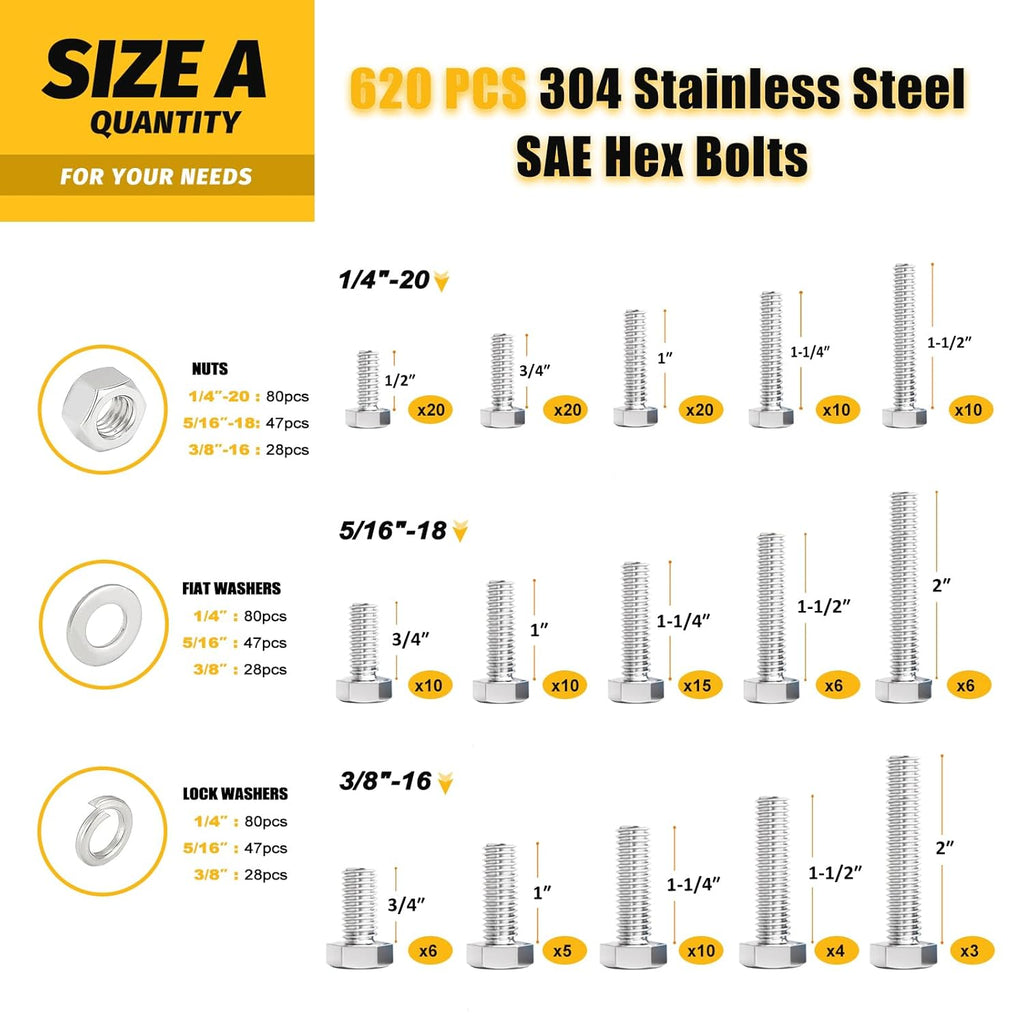 1240PCS Stainless Steel Hex Bolt Assortment Kit,SAE & Metric Set