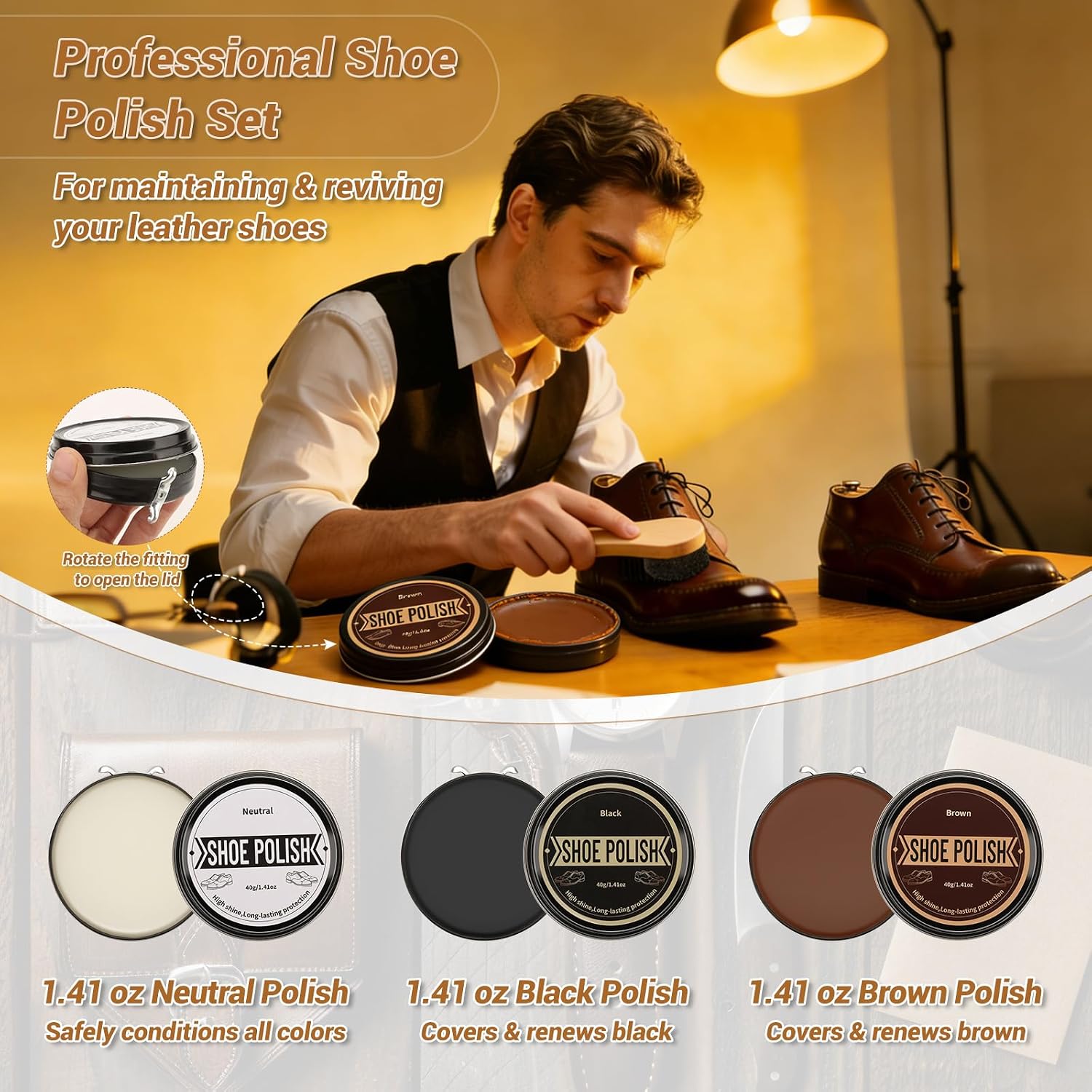 Leather Shoe Polish Kit- Shoe Shine Gift for Men with Black Brown Neutral Shoe Polish Horsehair Brush Sponge Cloth