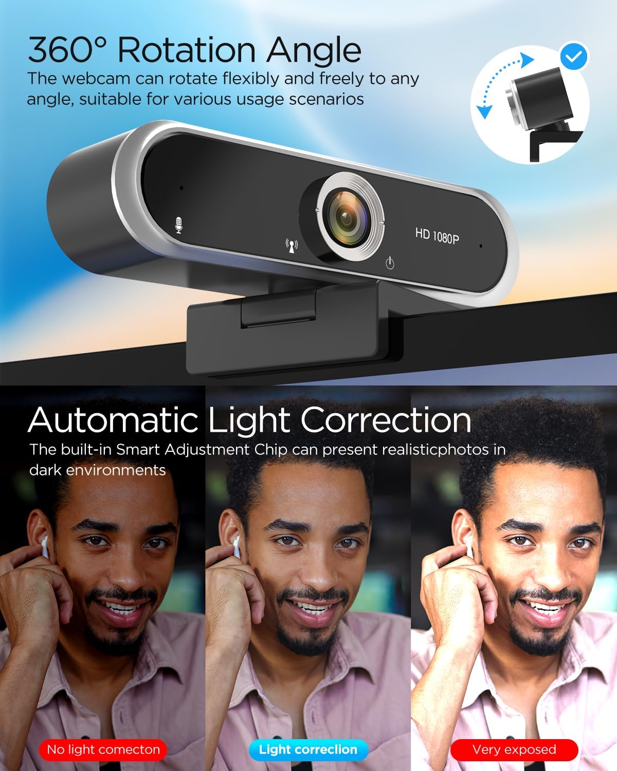 Webcam 1080P with Microphone & Privacy Cover for PC/Laptop, USB Computer Camera Plug & Play with Auto Light