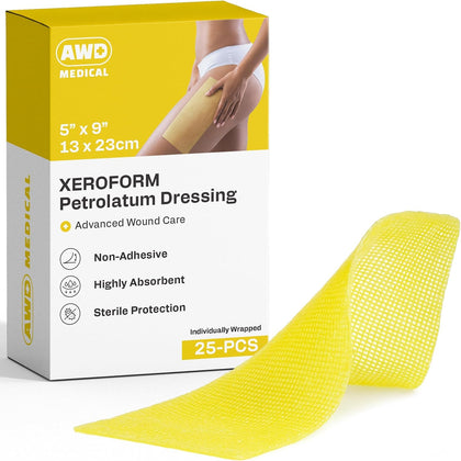 Xeroform Petrolatum Dressing, Non-Adherent, 5x9 in, 25 Count | Sterile Fine Mesh Gauze Pads for Burns, Skin Grafts