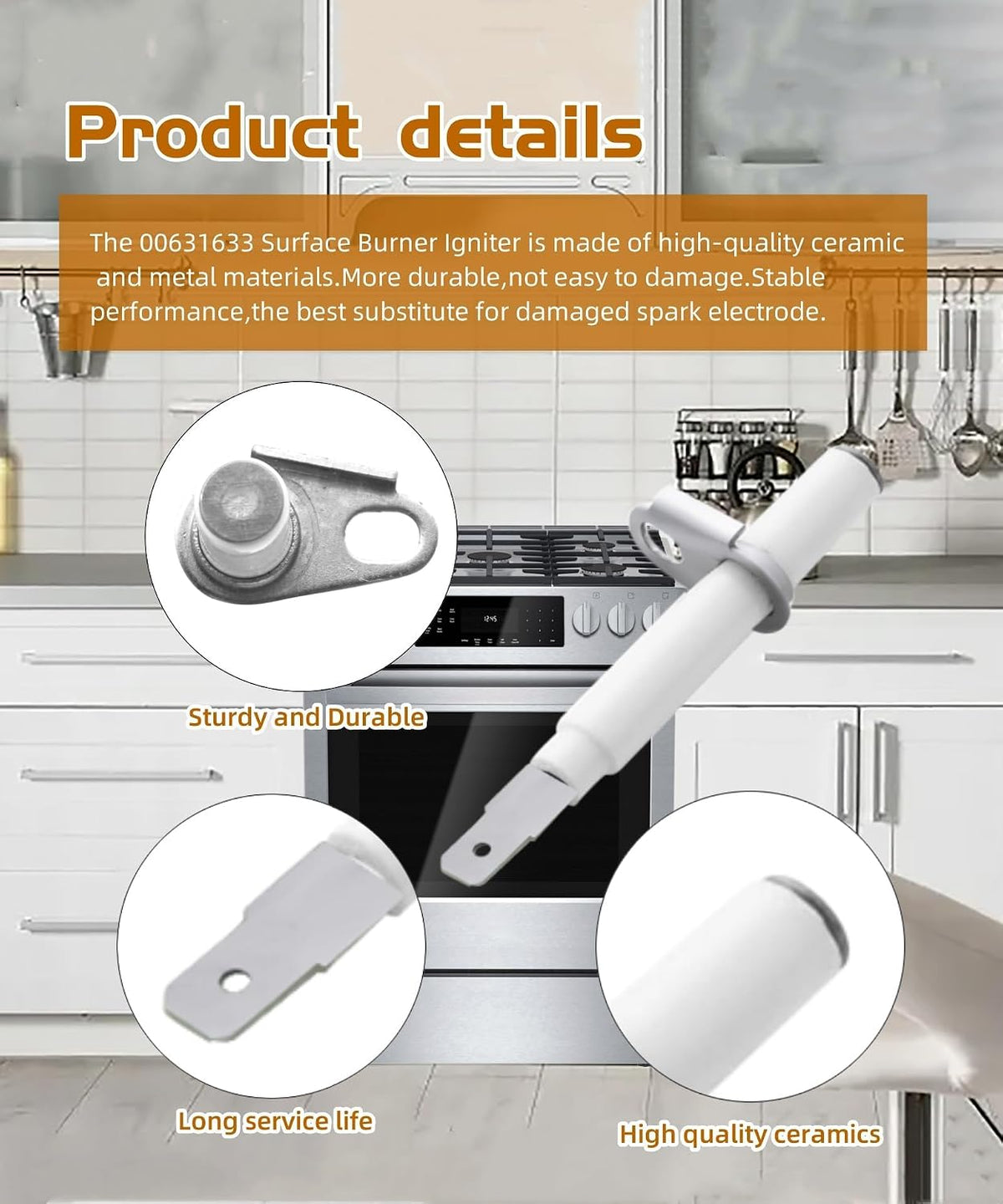 2 Pcs 00631633 Gas Range Burner Electrode Replacement(White)