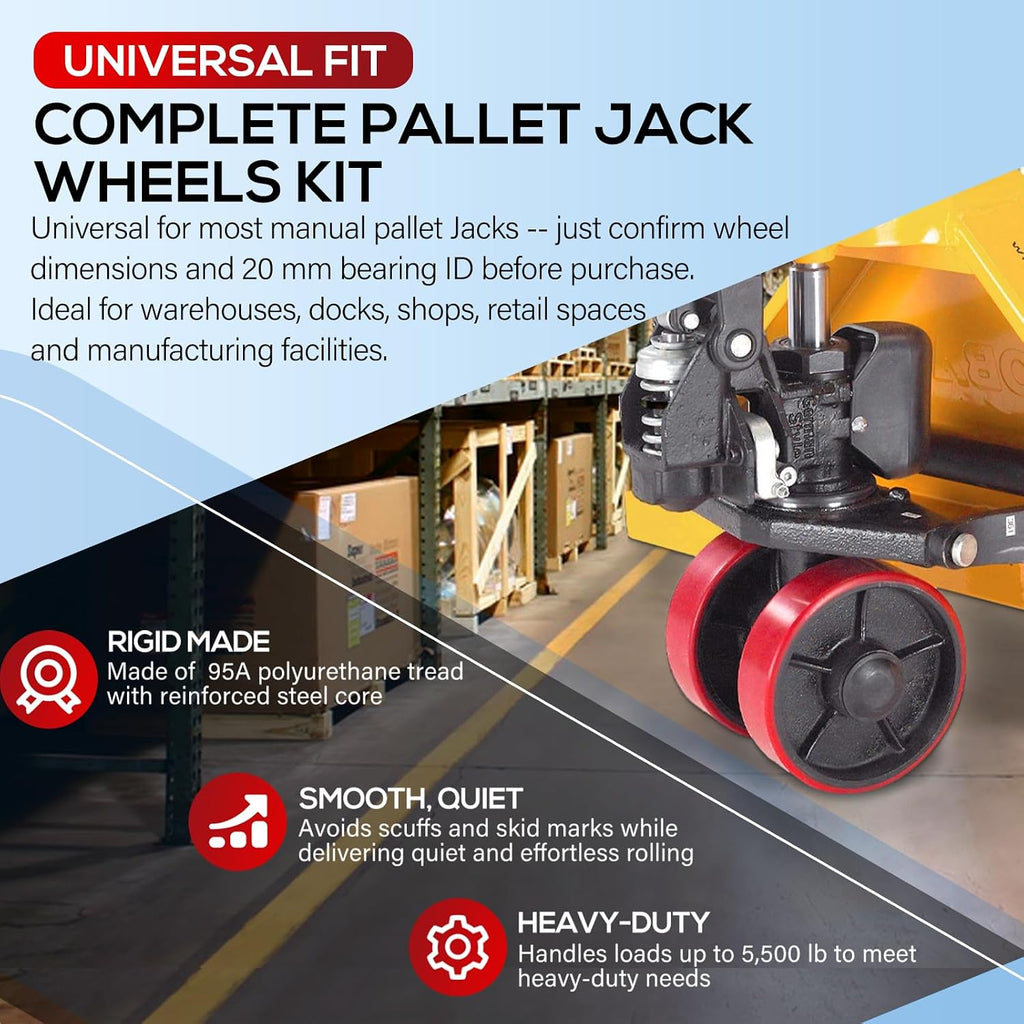 Pallet Jack Wheels Set for Most Manual Pallet Jacks, Full Set with Axles, Pair of Steering Wheels 7"x 2" and Load