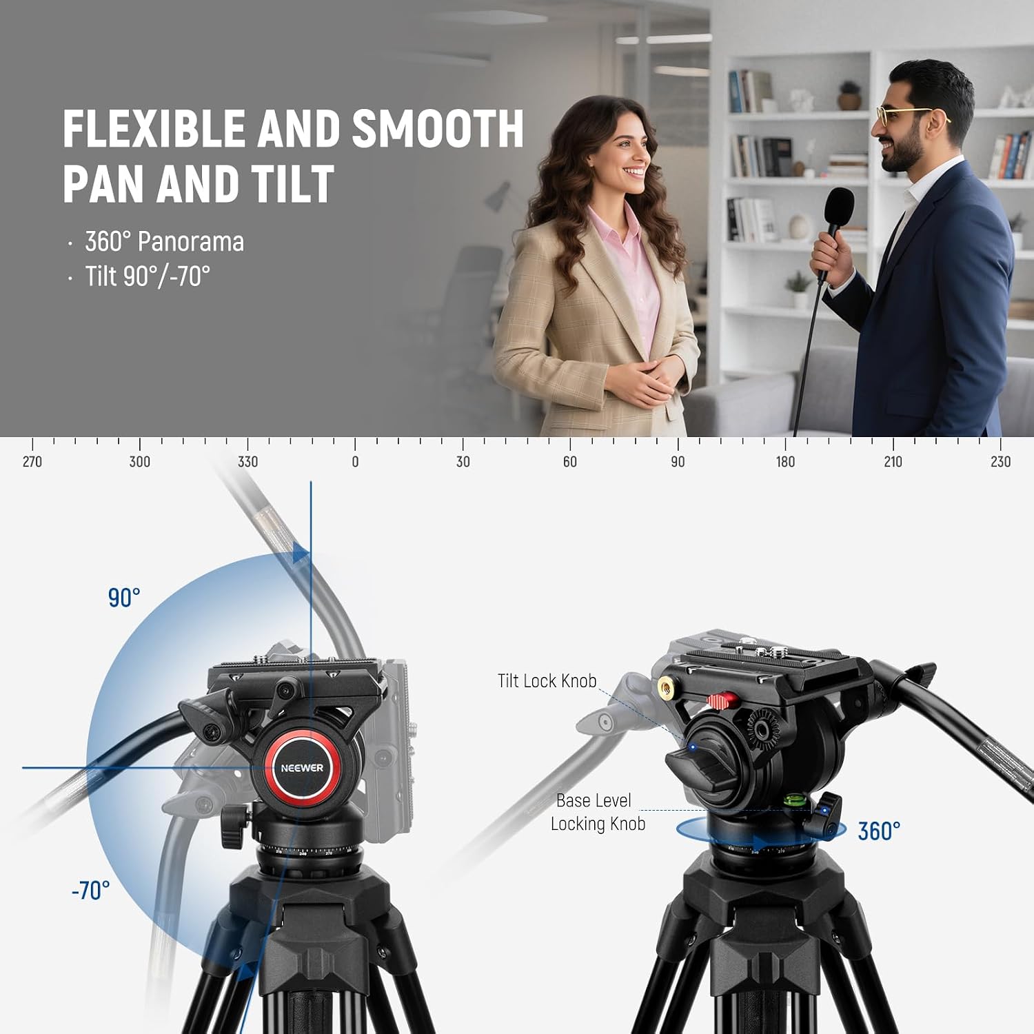 Video Tripod with Fluid Head, Heavy Duty Aluminum Compact Portable Camera Tripod Stand for DSLR Camcorder Compatible