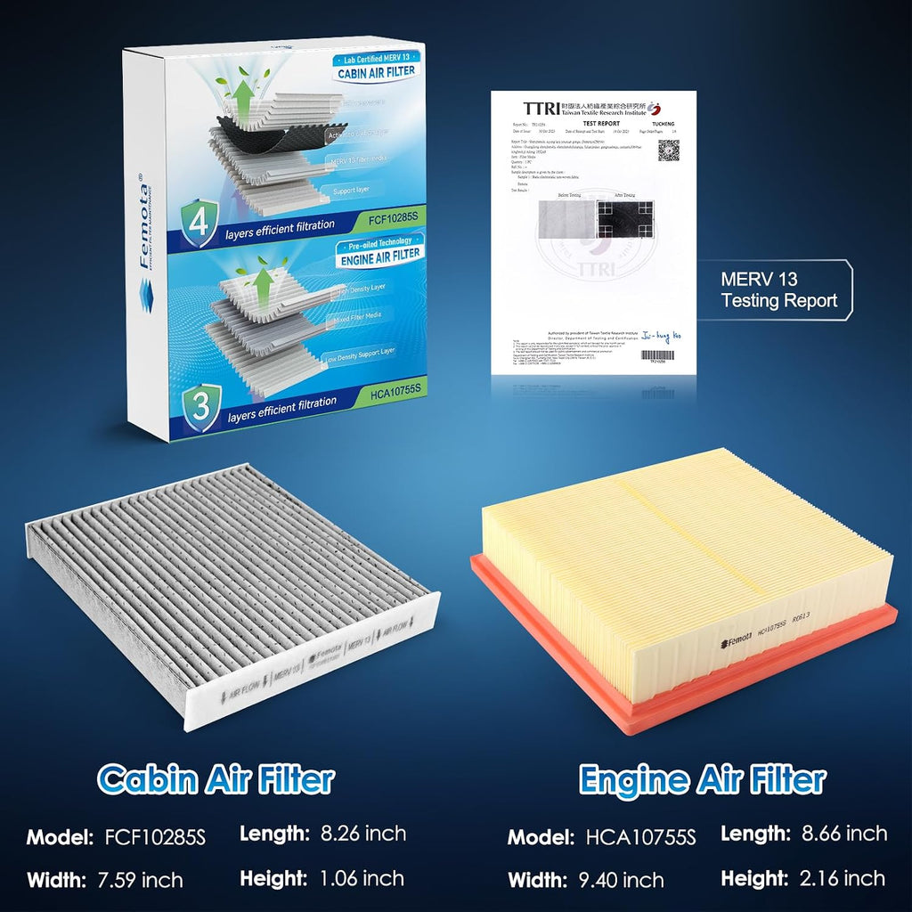 Cabin & Engine Air Filter Kit, CF10285 & CA10755, Lab Certified MERV 13, Pre-oiled, 2pcs, Specific for Toyota Avalon