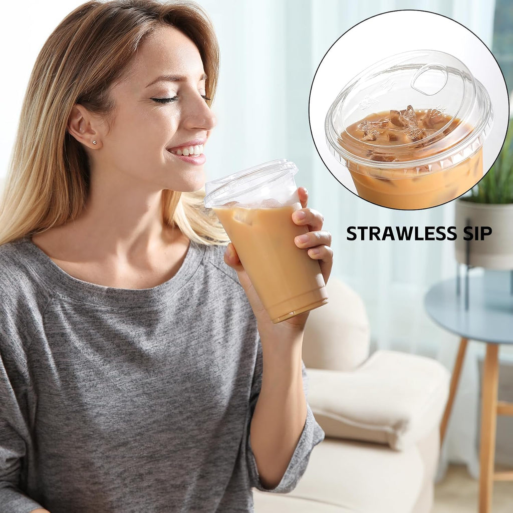 100 Pack 24 oz Disposable Plastic Cups With Strawless Sip-Lids, Clear Plastic Iced Coffee Cups Go for Drinks, Bubble