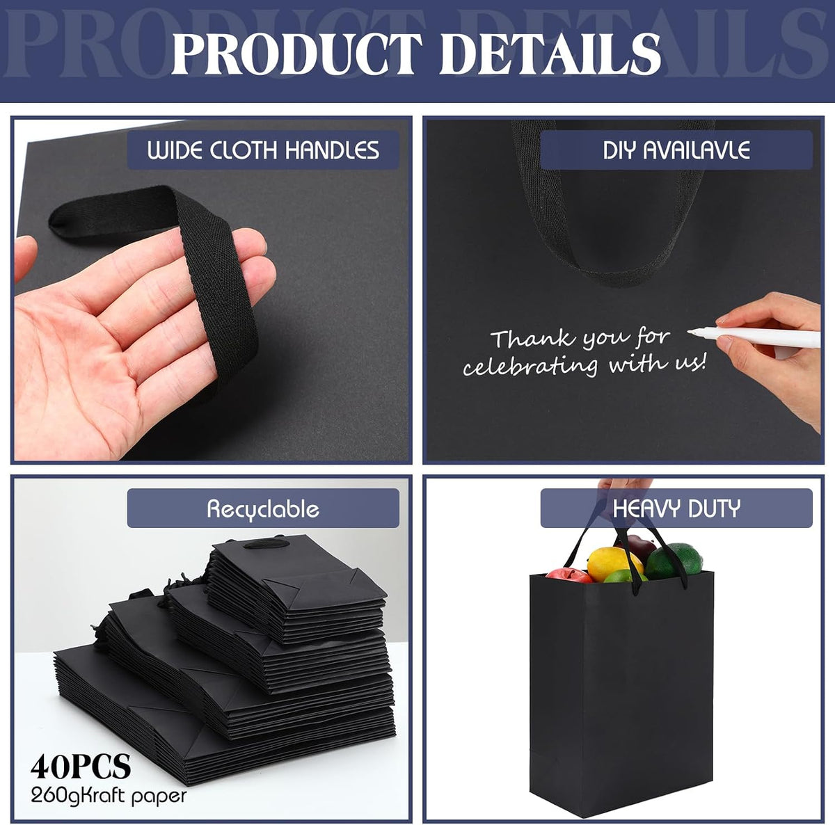 40 Pack Kraft Gift Bags with Handles 4 Sizes,Vertical,Black