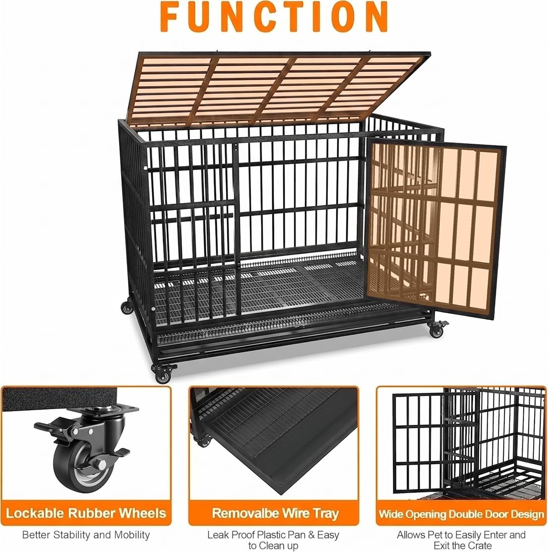 48 Inch Heavy Duty Dog Crate Cage with Wheels, Indestructible and Escape Proof Steel Kennel Indoor for High Anxiety