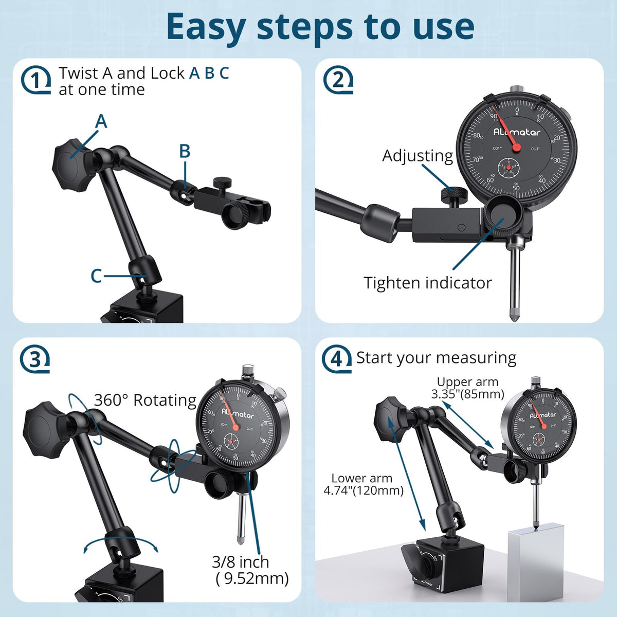 ALLmeter Dial Indicator Set,0-1in Range,0.001in,132lb Magnetic Base