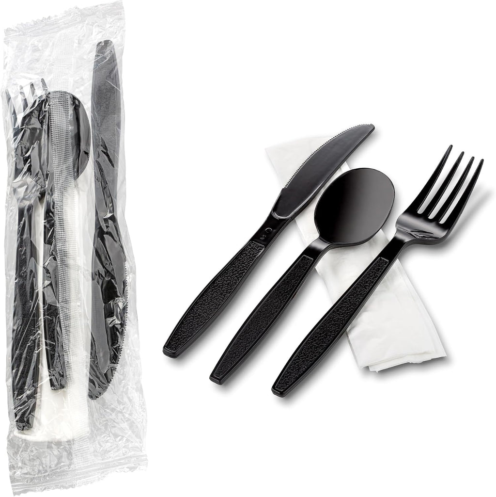 Black Individually Wrapped Plastic Cutlery Set - Disposable Heavy Weight Utensils - Pack of 50