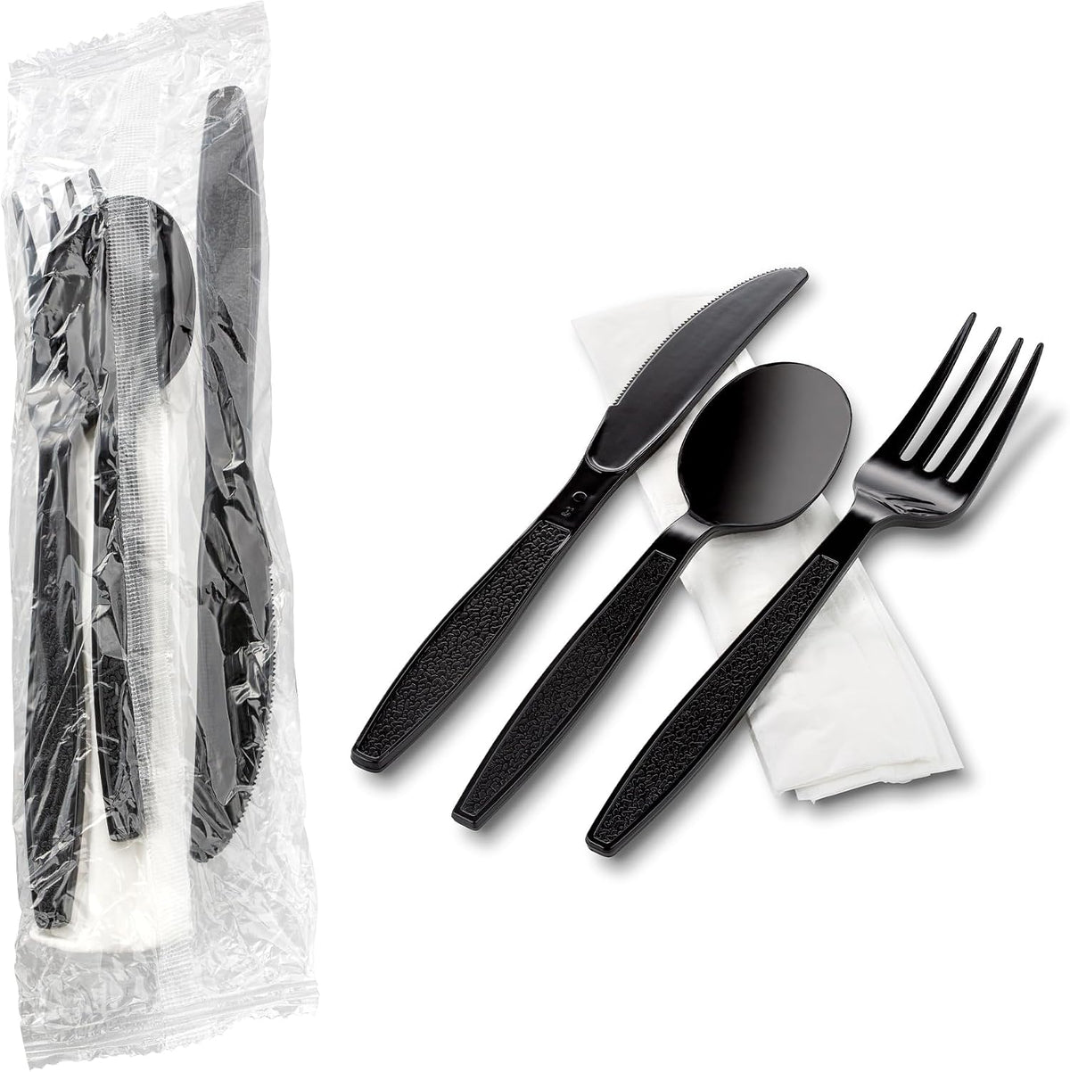 Black Individually Wrapped Plastic Cutlery Set - Disposable Heavy Weight Utensils - Pack of 50