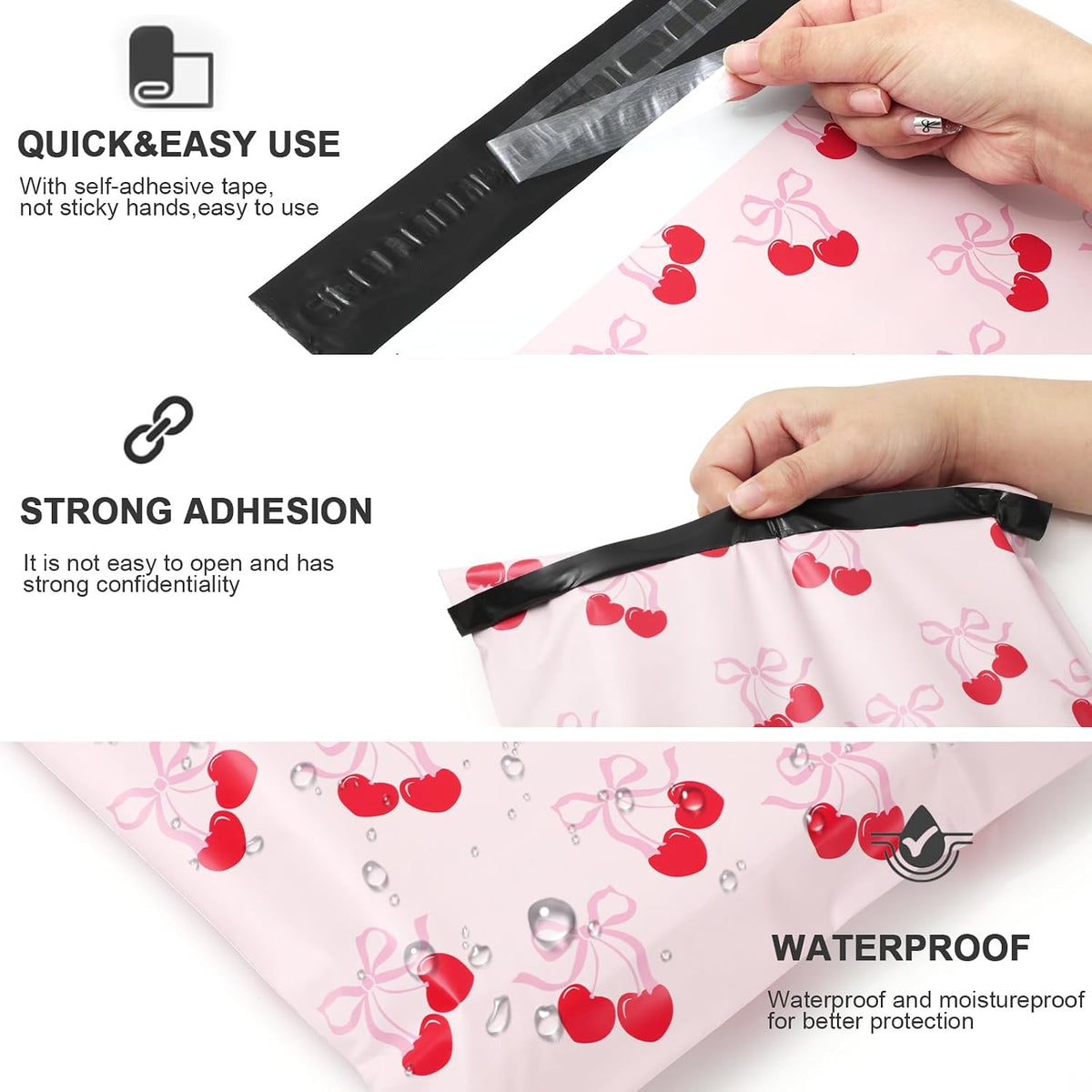 100Pcs Cherry Poly Mailer 10 x 13 Inch Pink Bow Fruit Mailing Bag Valentine Cute Self-Sealing Plastic Packaging