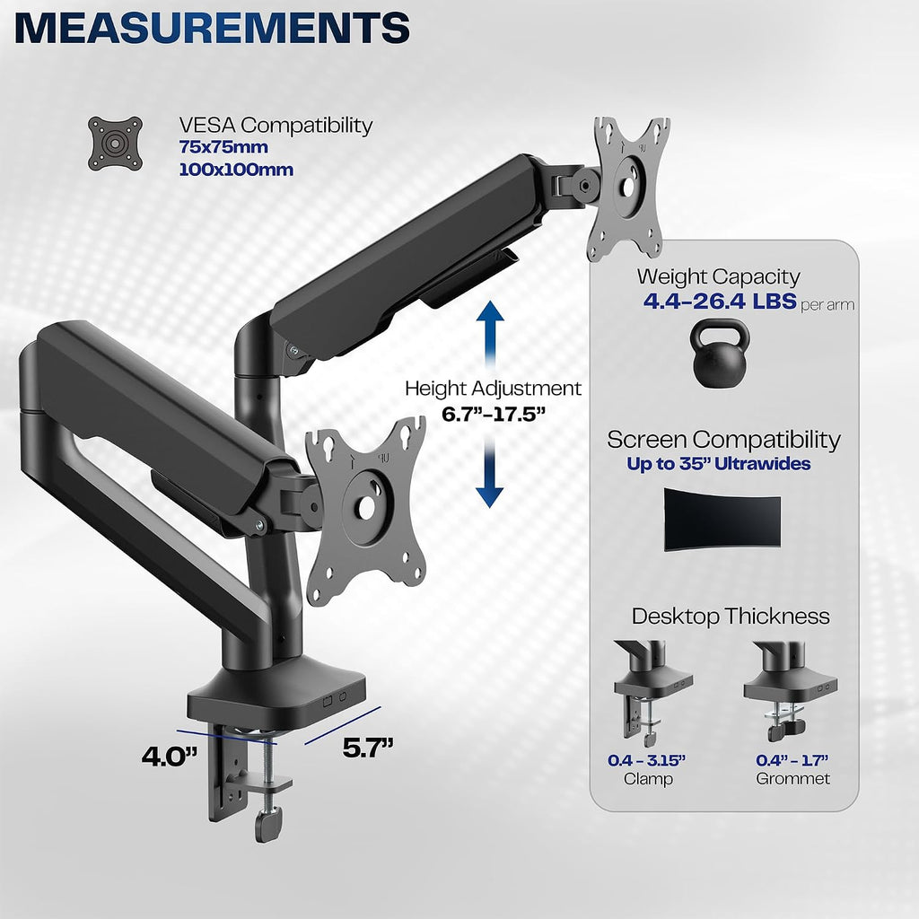 Dual Pneumatic Arm Ultra-Wide Monitor Mount for up to 35 inch Screens, Holds 26.4 lbs per Arm, Desk Mount Monitor