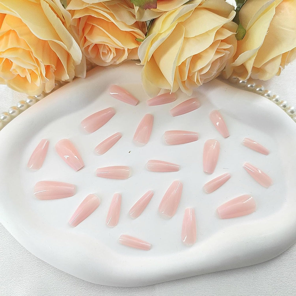 Coffin Press on Nails Medium White Gradient False Nails with Glossy Design Glue on Nails Light Pink Transparent Fake
