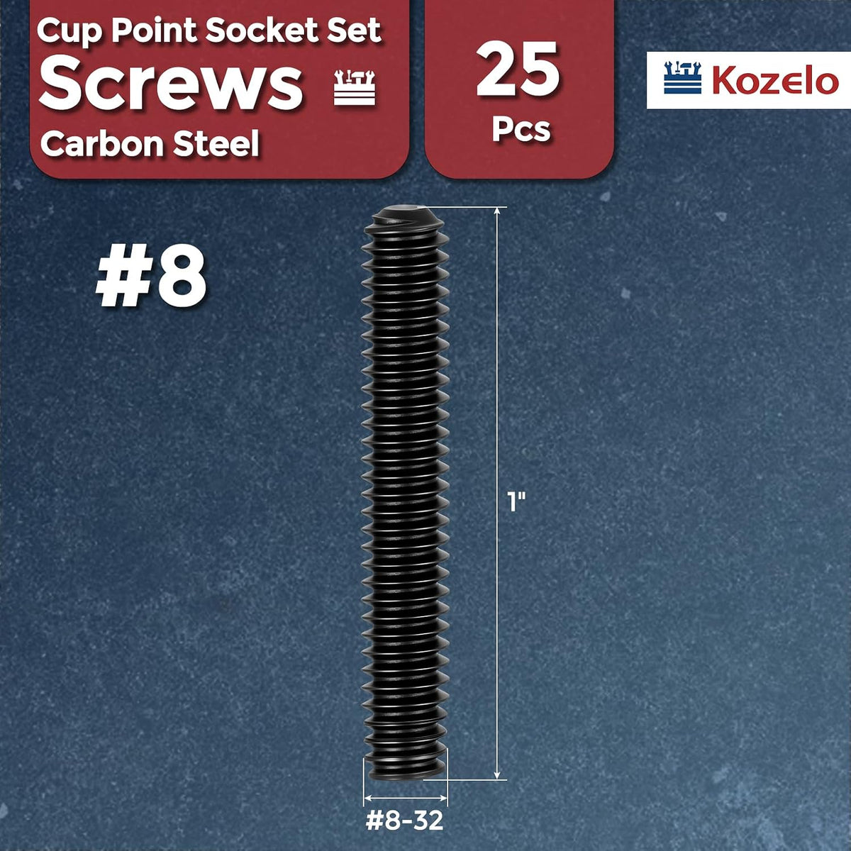 25Pcs Cup Point Socket Set Screws-#8-32x1 Carbon Steel