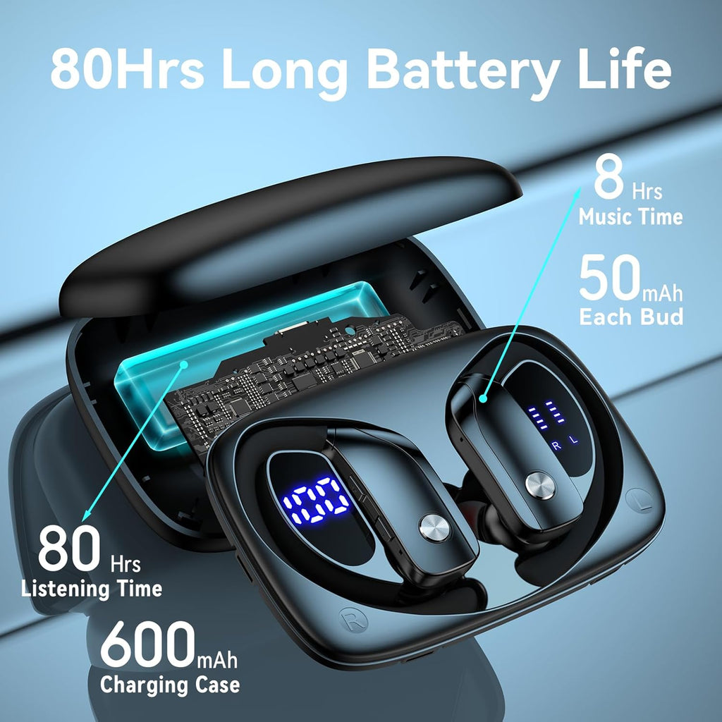 Ear Buds Wireless Earbuds Bluetooth Headphones with 80H Playtime LED Display Case, Over-Ear Hook with Mic, Stereo