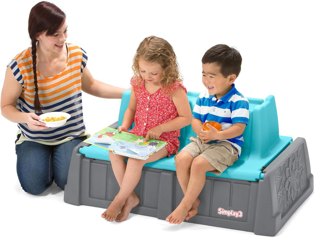 Sand and Water Kids Bench, 2-in-1 Sand and Water Table with Outdoor Storage Bench, Gray and Teal