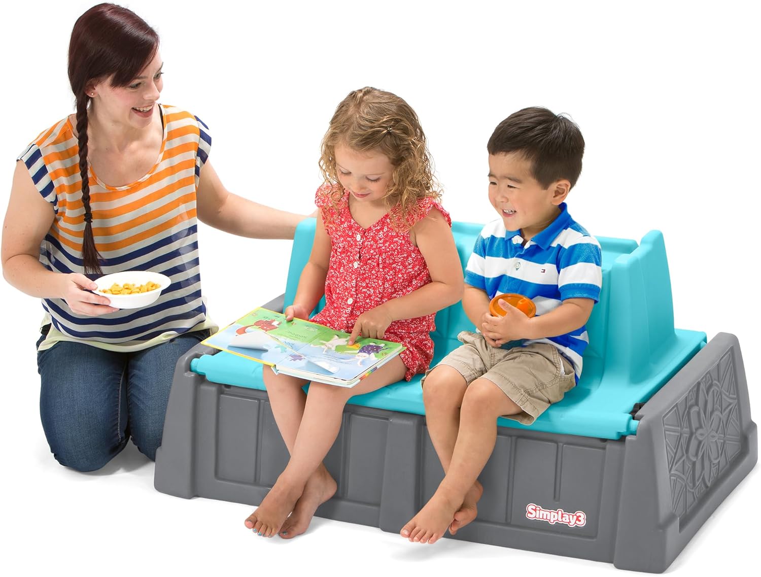 Sand and Water Kids Bench, 2-in-1 Sand and Water Table with Outdoor Storage Bench, Gray and Teal