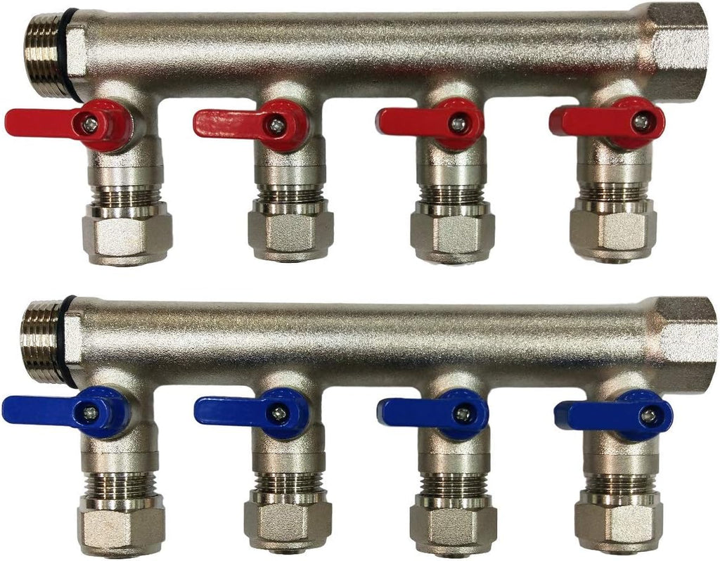 3/4" 4 Loops Plumbing Manifolds w/ 1/2" Pex Ball Valves, Red and Blue Handles