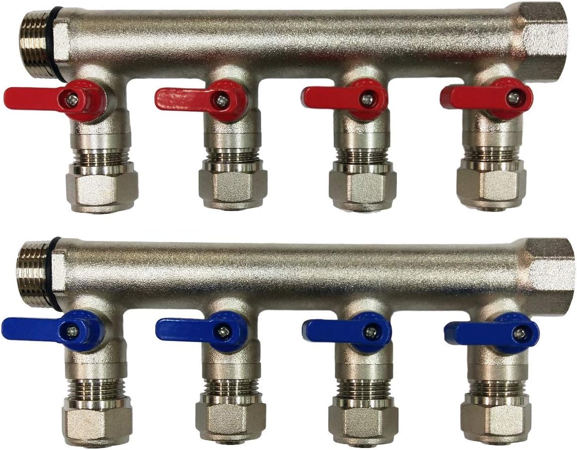 3/4" 4 Loops Plumbing Manifolds w/ 1/2" Pex Ball Valves, Red and Blue Handles