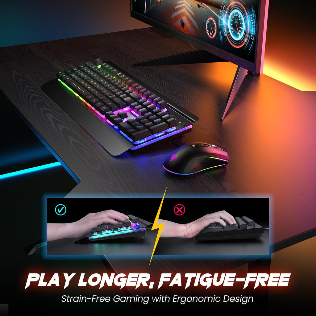 Wireless Gaming Keyboard and Mouse Combo, Metal Panel Light Up 3200DPI Mice
