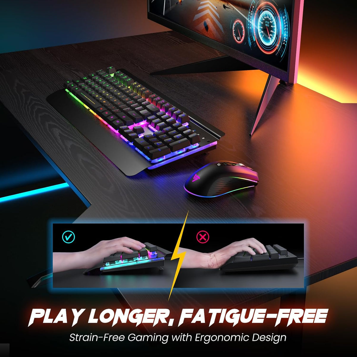 Wireless Gaming Keyboard and Mouse Combo, Metal Panel Light Up 3200DPI Mice