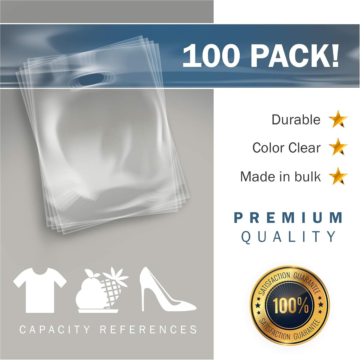 20x24 Clear Plastic Bags, Extra Large, Glossy Finish, 2 Mil Thick, 100 Pack