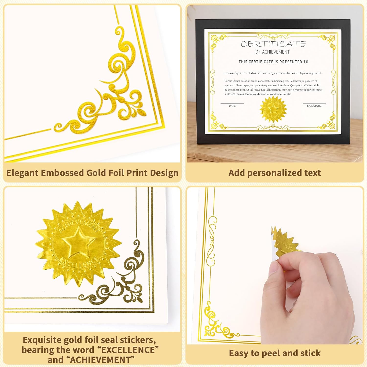 200 Sheet Gold Foil Award Certificate Paper Bulk 8.5 x 11 in for Printing Customizable Blank Cardstock Gold Border
