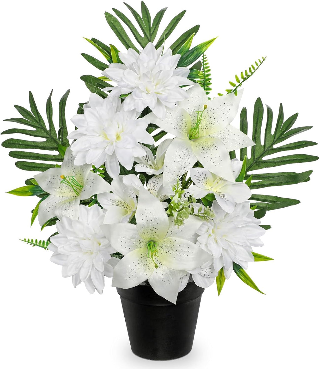 Artificial Cemetery Flowers in Pot Funeral Flowers Arrangements 18.8in Silk White Potted Lily Dahlia Memorial Flower