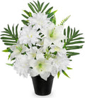 Artificial Cemetery Flowers in Pot Funeral Flowers Arrangements 18.8in Silk White Potted Lily Dahlia Memorial Flower