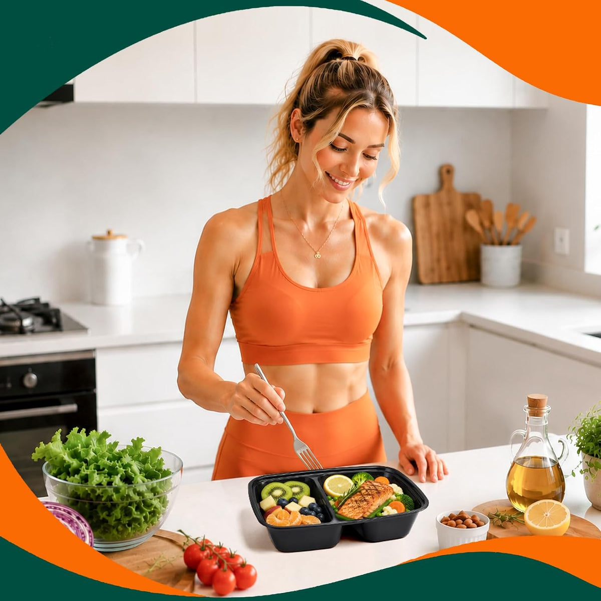Glotoch 100 Pack(200-Piece)32oz 2-Compartment Meal Prep Containers with Lid