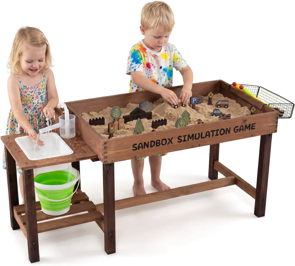 Sensory Table with Water Pump & Sink, Toddler Activity Table with 33 Sand Table Toys, Toy Bucket, Shovel & Rake