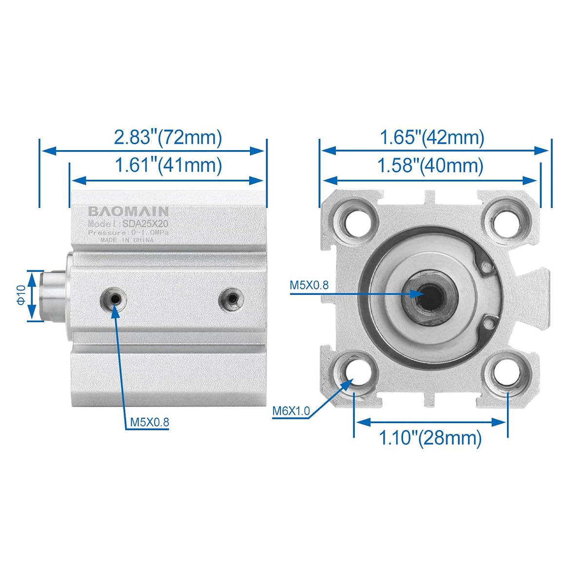 Baomain Compact Thin Air Cylinder SDA25x20 25mm Bore 20mm Stroke