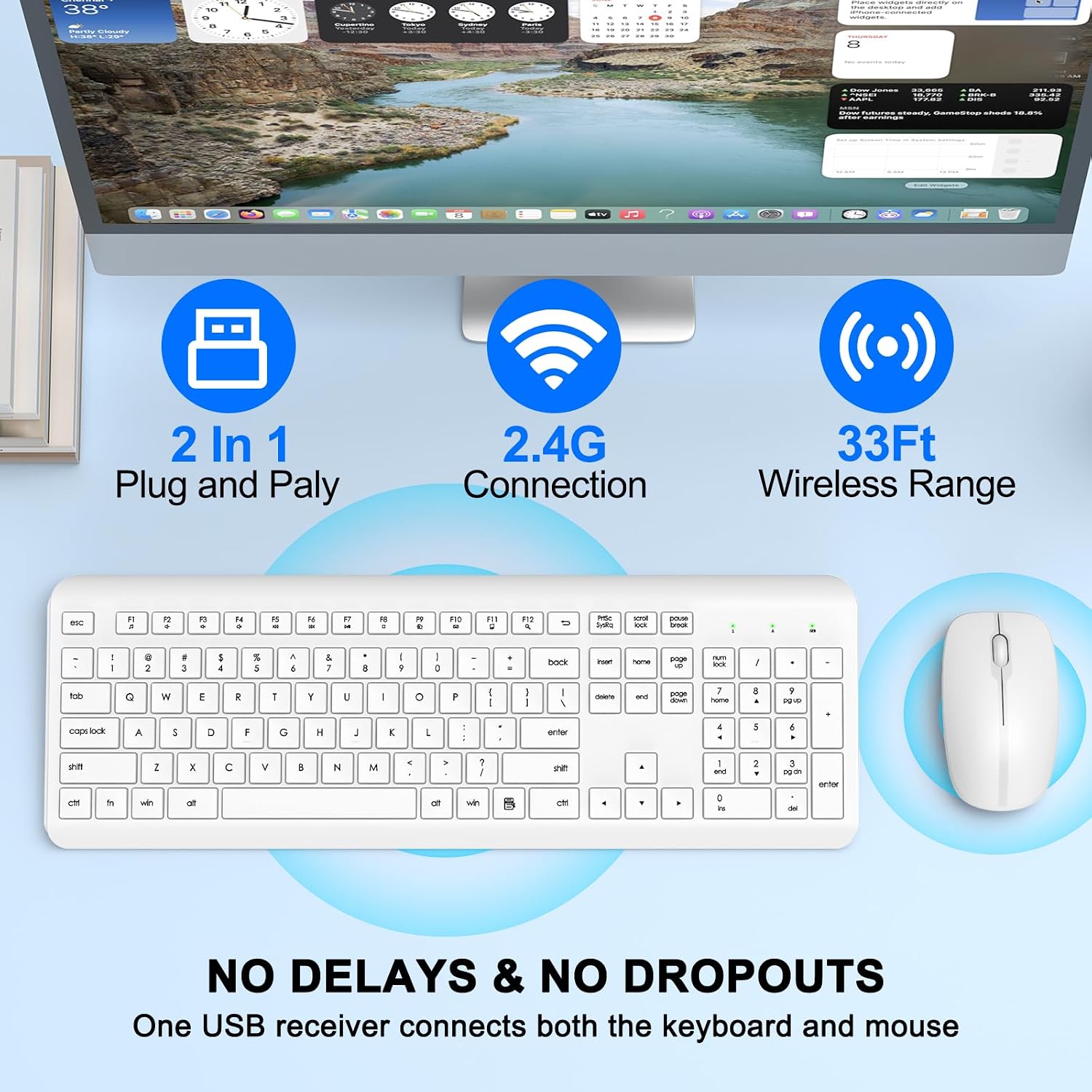 Wireless Keyboard and Mouse Combo, Full-Size Silent Ergonomic Keyboard and Optical Mouse, Long Battery Life, 2.4GHz