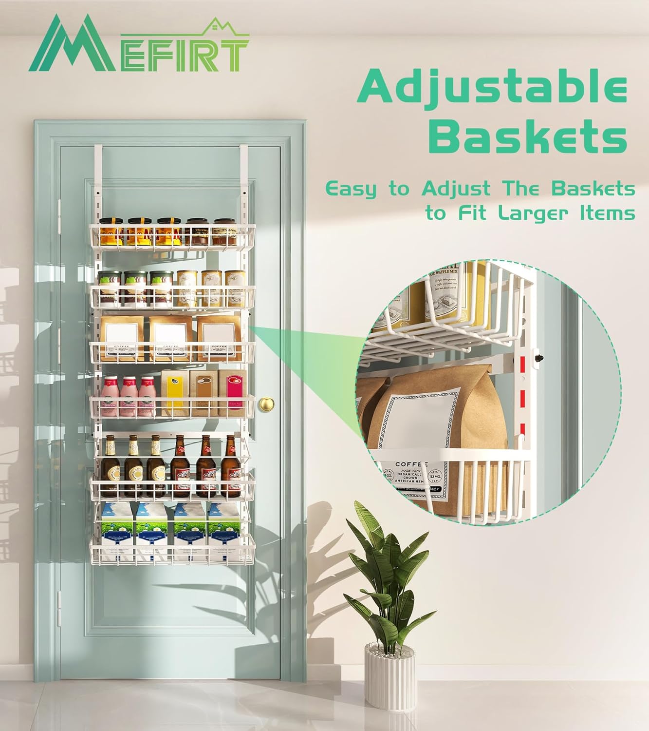 Over The Door Pantry Organizer, Wall Mount Spice Rack, Pantry Hanging Storage and Organization, 6 Adjustable Baskets