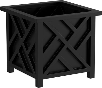 Lattice Design Outdoor Planter Box - 14.75” Square 13” Tall Black Plant Pot - Decorative Plant Pots for Front Porch
