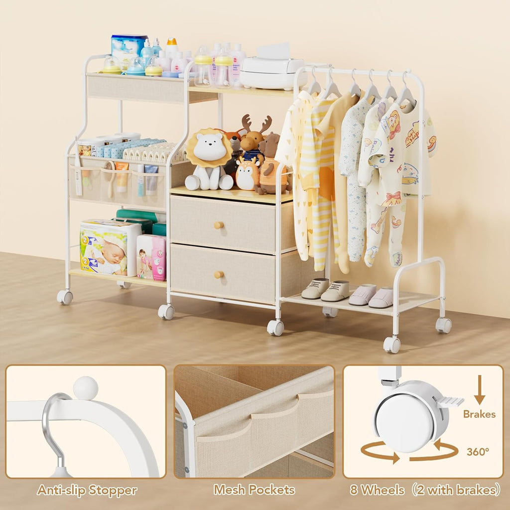 Diaper Caddy Organizer with Hanging Rack - 3 Tier Rolling Utility Cart with Drawers and Dividers for Baby Bottle