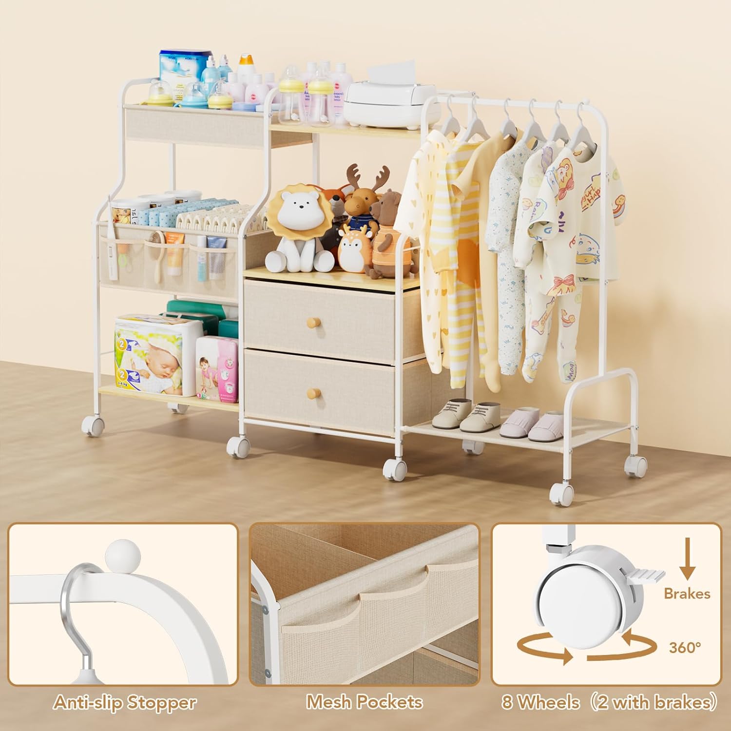Diaper Caddy Organizer with Hanging Rack - 3 Tier Rolling Utility Cart with Drawers and Dividers for Baby Bottle