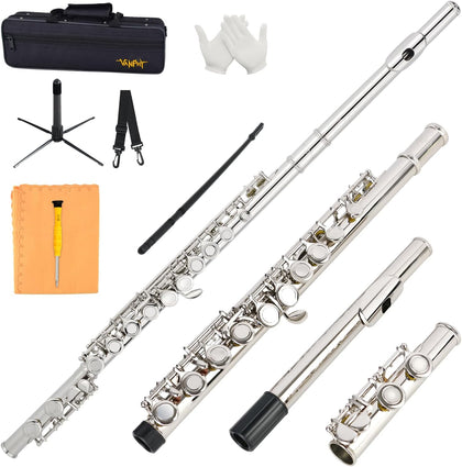 Closed Hole C Flute 16 Keys Nickel-Plated Flutes For Beginners Student Flute Instrument With Case Stand Gloves Tuning