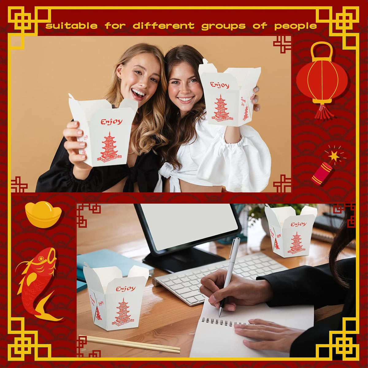 100 Sets 8 oz Chinese Take Out Boxes with Disposable Chopsticks