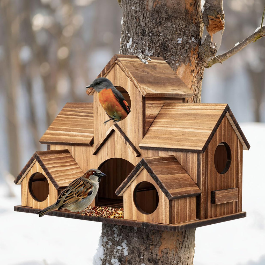 Bird Houses for Outside, 5-Hole Wooden Birdhouse for Bluebirds Finch Swallow Wren Chickadee Hummingbird, Hanging Bird