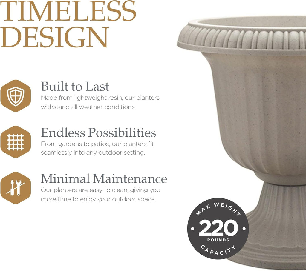 2 Pack Utopian Urn Planter, Large 14 Inch Outdoor Pot, Lightweight Garden, Entryway, or Walkway Accessory with