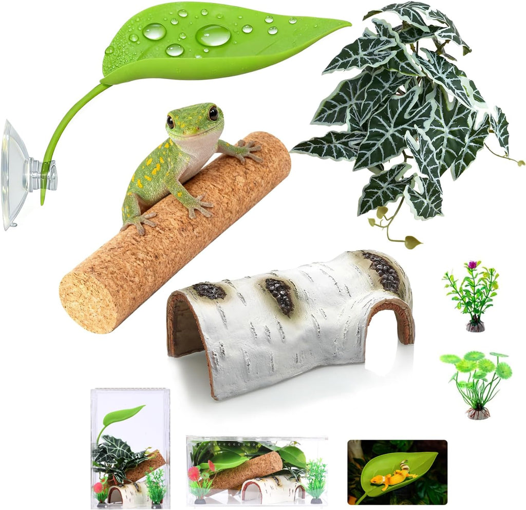 Crested Gecko Tank Accessories, Reptile Decor,Reptile Hanging Plants Vines with Coconut Shell Ladder Hideout Hermit
