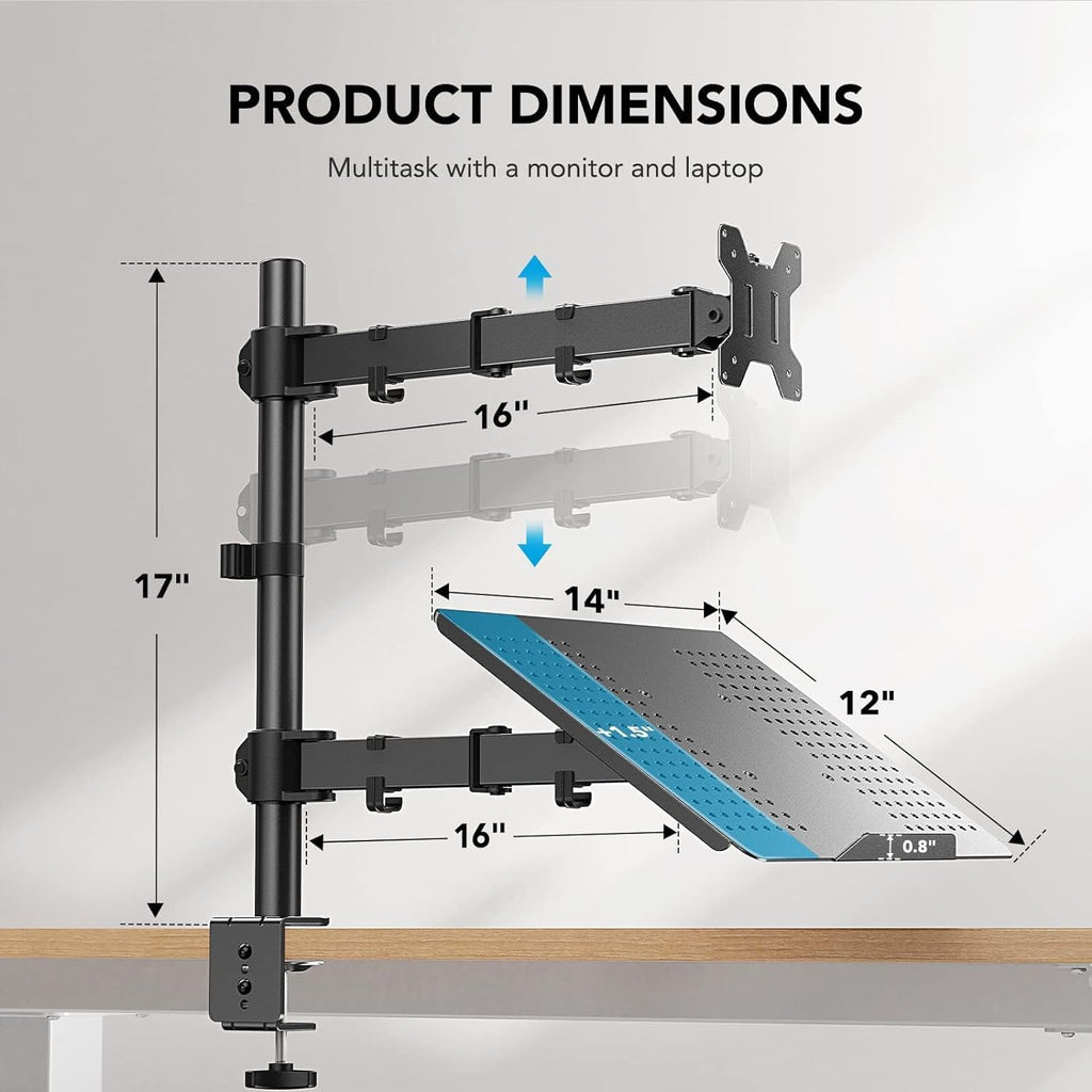 Adjustable Monitor Arm with Laptop Tray, Single Desk Mount for 13-32" VESA Monitors up to 22 lbs, 14" x 12" Laptop Tray