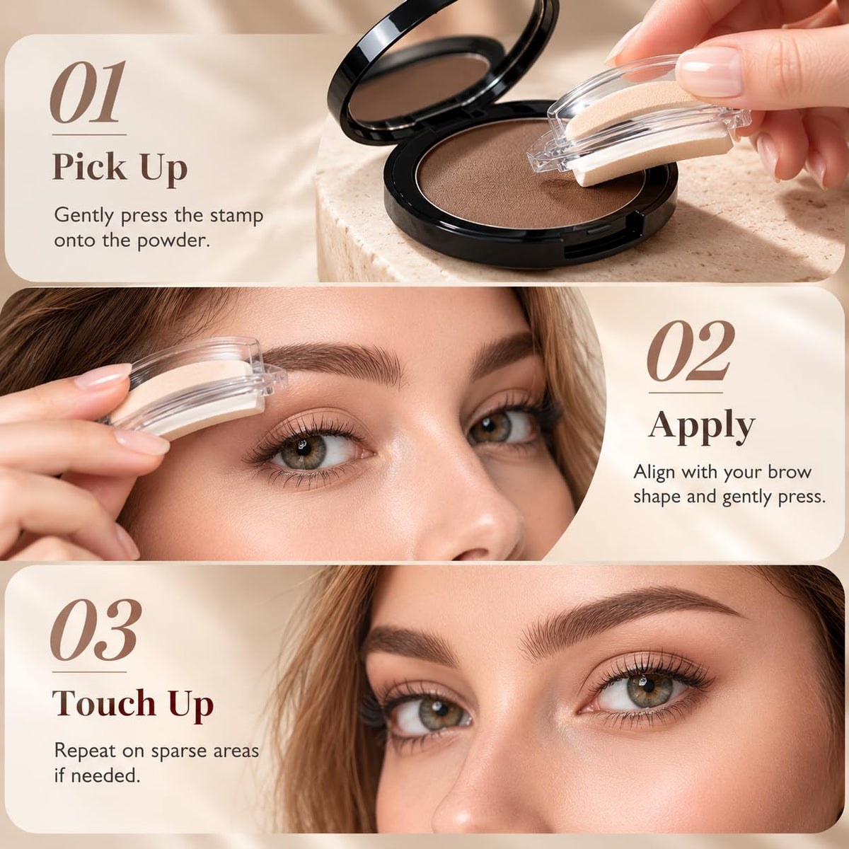 Eyebrow Stamp Kit with 3 Reusable Brow Stencils, Waterproof Eye brow Powder Stamp for Natural Defined Brows, Quick
