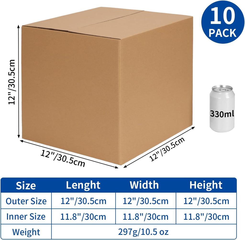12x12x12 Shipping Boxes 10 Pack, Brown Corrugated Cardboard Boxes with Side-Lock and Pre-Applied Double-Sided Tape