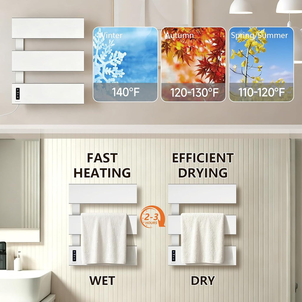 Towel Warmers for Bathroom, Heated Towel Rack Wall Mounted, Brushed Nickel | 21.6" X 17.7" Smart LED Control, Plug-in