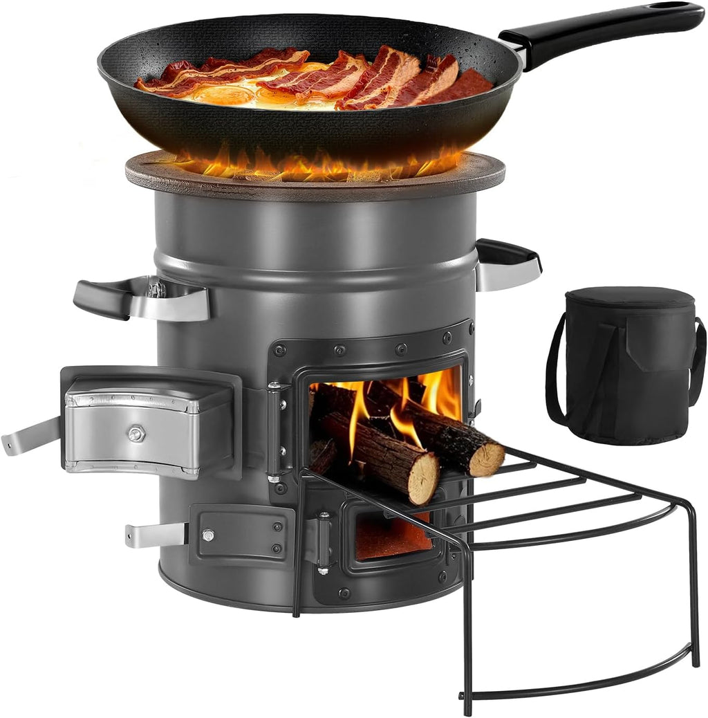 Camping Rocket Stove, Wood Burning Portable Rocket Stove with Carrying Bag for Backpacking, SPCC Steel, Double Door